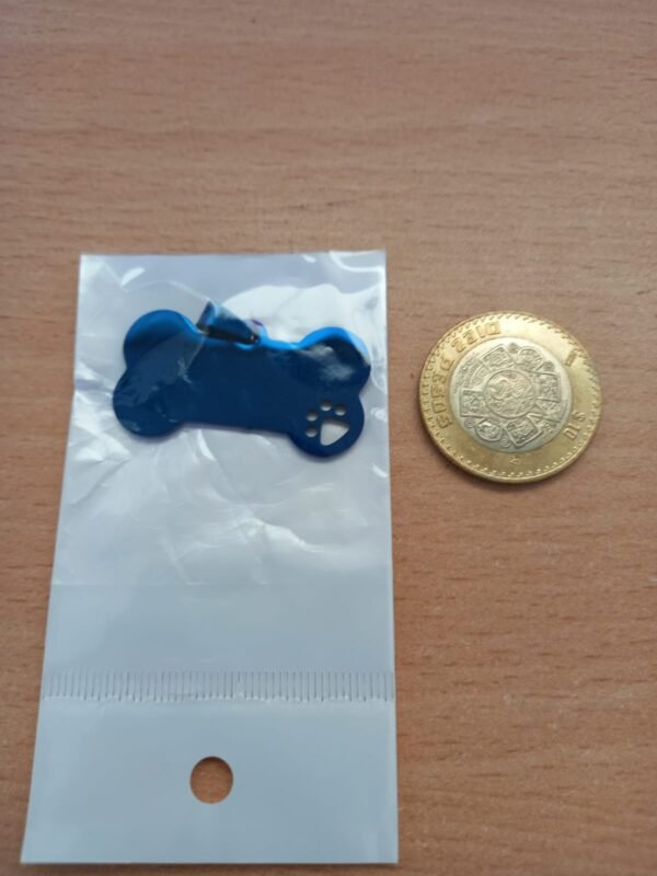 Placa (plaquita) de identificación de mascota PERSONALIZADA con forma de hueso de acero inoxidable color azul