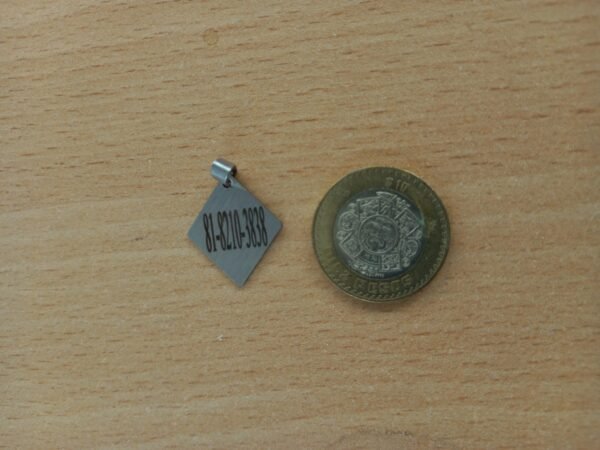 Placa (plaquita) de identificación para mascota, PERSONALIZADA, con forma de rombo, de acero inoxidable, color plateada