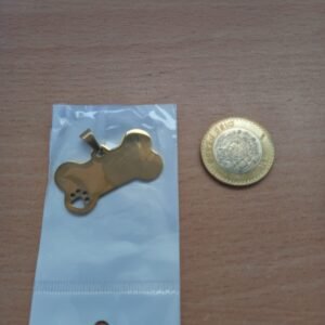Placa (plaquita) de identificación de mascota PERSONALIZADA con forma de hueso de acero inoxidable color dorada