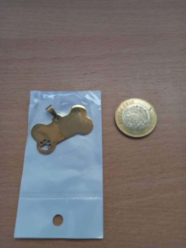 Placa (plaquita) de identificación de mascota PERSONALIZADA con forma de hueso de acero inoxidable color dorada