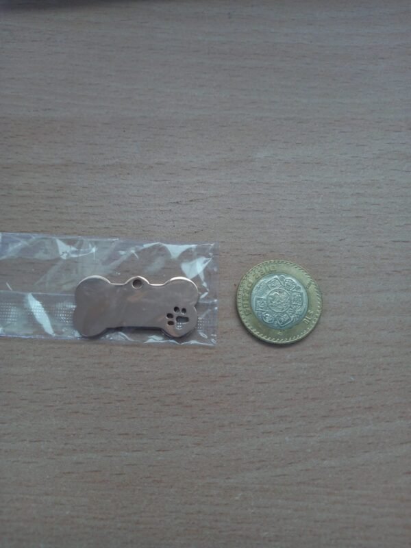 Placa (plaquita) de identificación de mascota PERSONALIZADA con forma de hueso de acero inoxidable color oro rosado